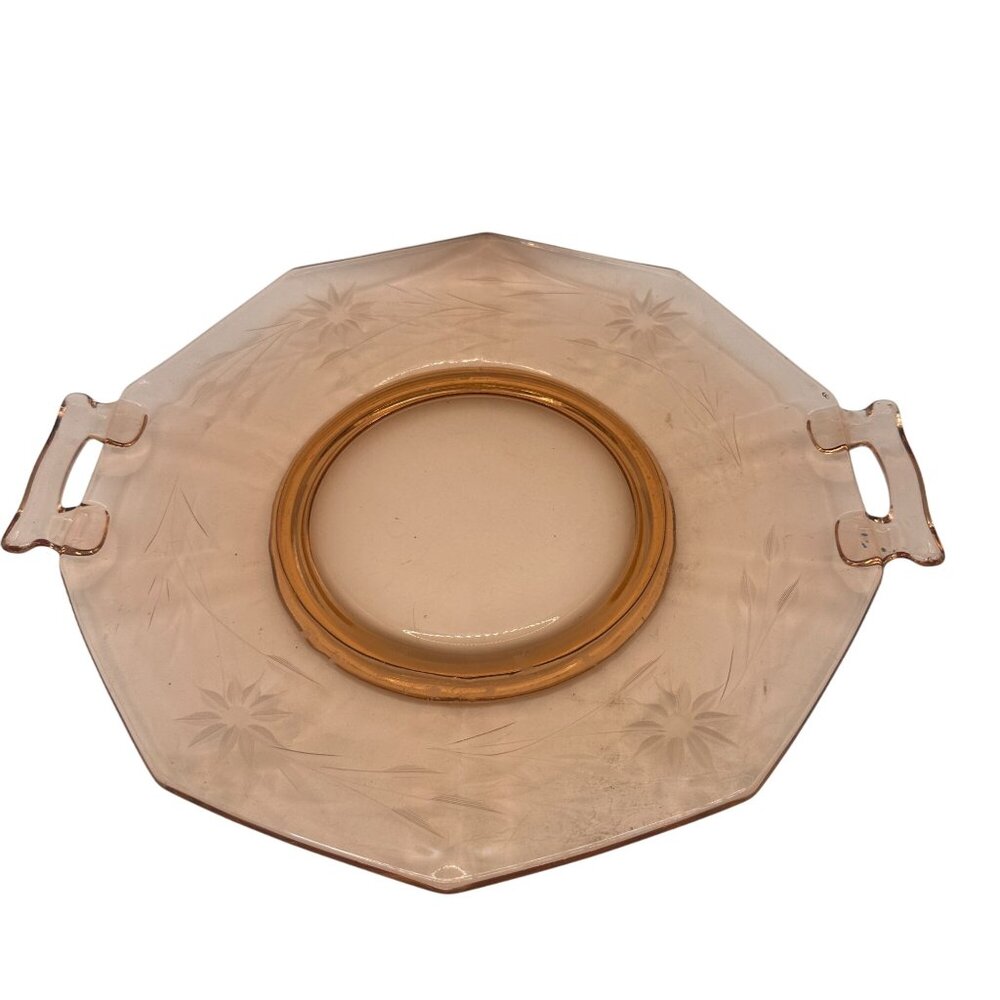 Vintage Pink Depression Glass Plate With Floral Etching & Handles